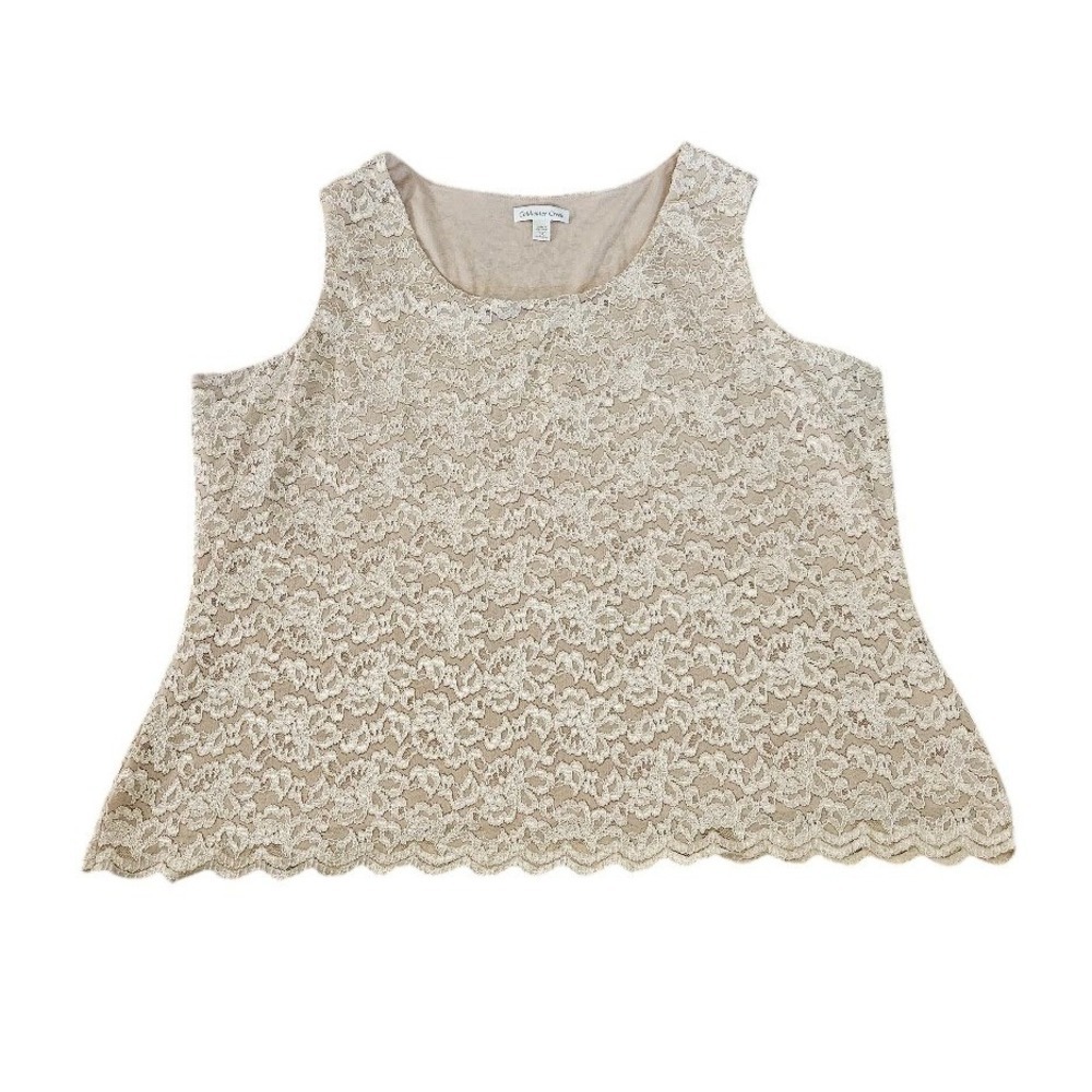 Coldwater Creek Tank Top Womens 3X Cream Floral Lace Sleeveless Scalloped Hem